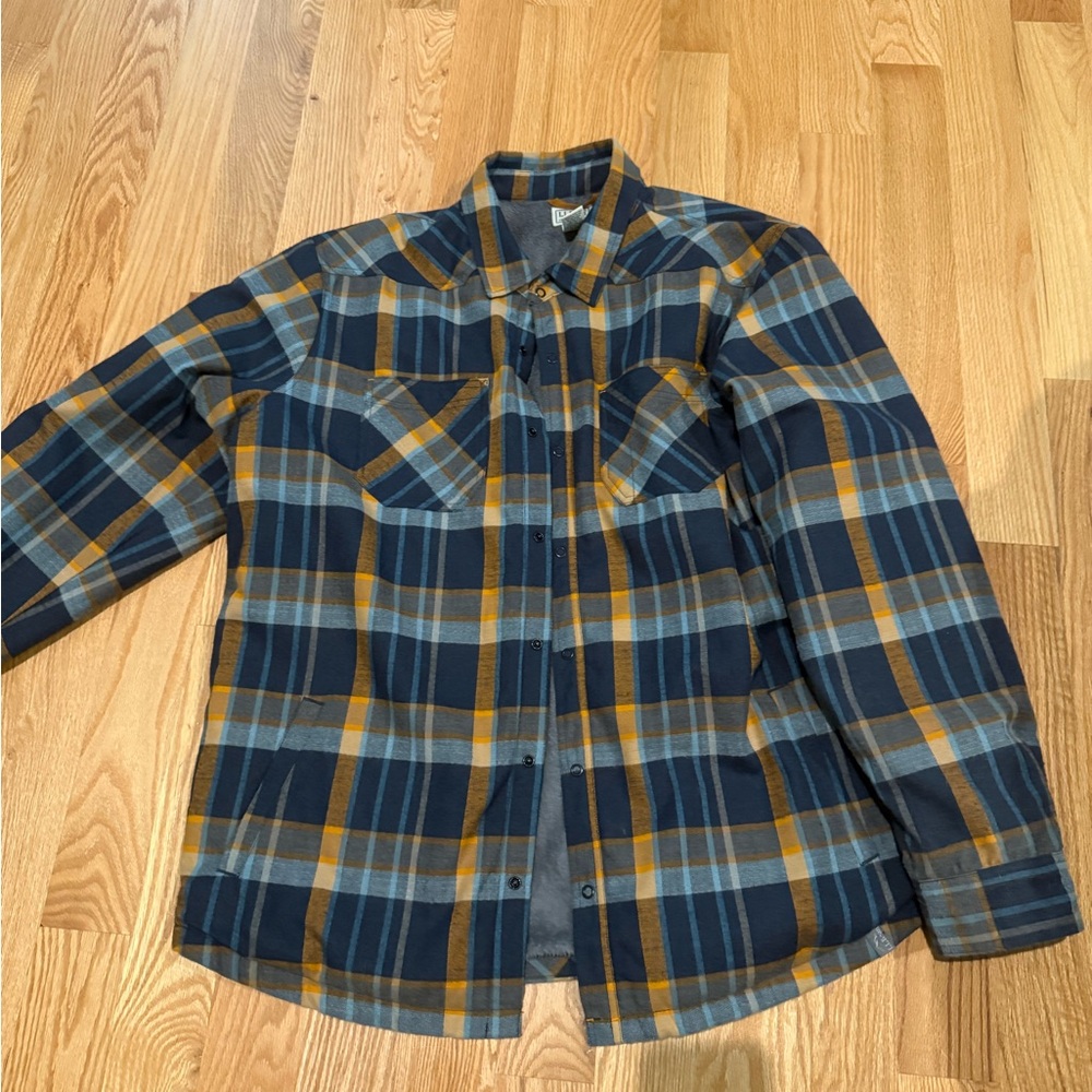 L.L. Bean Thick Fleece Lined Plaid Shirt with Blue and Orange Accents